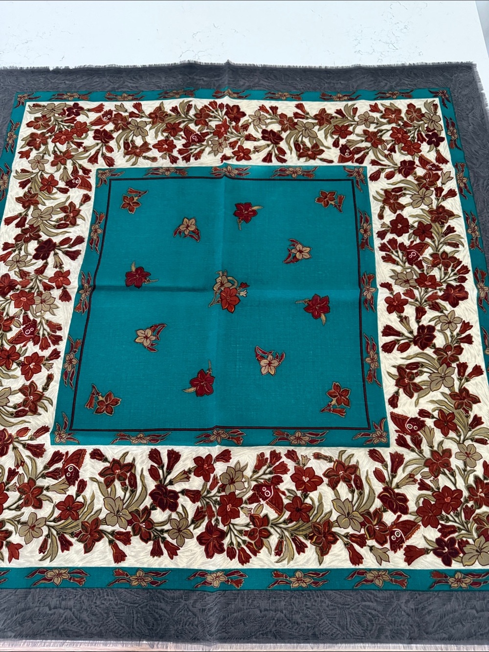 Echo Square Scarf Floral 100% Wool Wrap in Teal and Brown